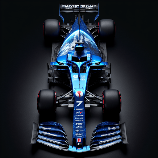 F1 race car. Glossy blue body painting and half covered with planet blue Earth. 
Blue front wing. 
myearthdream.com text on black rear wing. 7 number  on the nose of the car. Red Honda logo with White R logo on the nose of the car. Top view..
Single Game Texture. In-Game asset. 2d. Blank background. High contrast. No shadows.