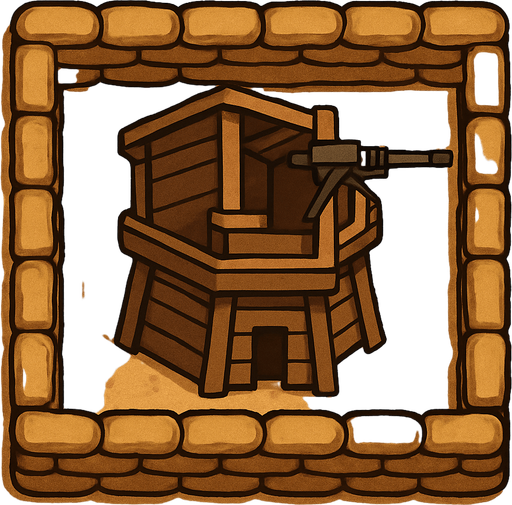 Top view of an small defense Military tower Brown in the desert, the image has a square border outlined by military defense sandbags.
In-Game asset.  2d.  High contrast.  No shadows