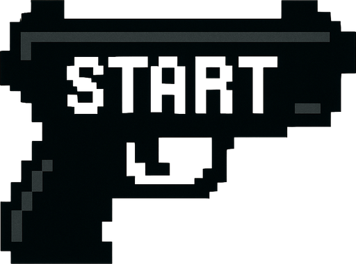 una pistola negra hecha con pixeles que diga start en medio
In-Game asset.  2d.  High contrast.  No shadows