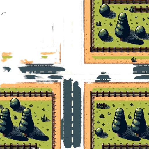 top down seamless vertical scrolling background for an endless driving game , centyral road with 3 lanes sside grass trees, and fences, pixel art style Single Game Texture.  In-Game asset.  2d.  Blank background.  High contrast.  No shadows