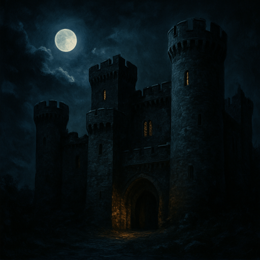 gece yarısı eski ve gerçekçi bir kale resmi.
In-Game asset.  2d.  High contrast