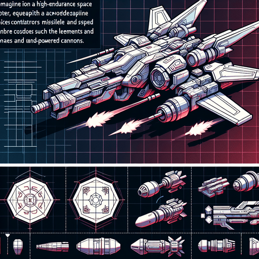 Space shooter with high weapons like missile and cannon.
Single Game Texture.  In-Game asset.  2d.  Blank background.  High contrast.  No shadows. 3d