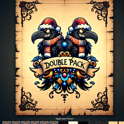 a pergament letter with the name "double pack". It has two evil smiling ravens with christmas hats and colorful scarves. vertical. Single Game Texture. In-Game asset. 2d. Blank background. High contrast. No shadows.