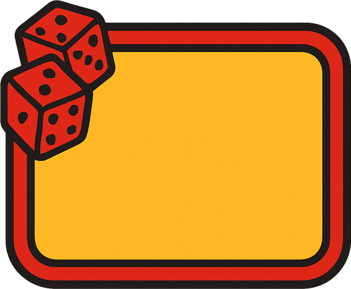 Casino tarzında yatay dikdörtgen (köşeleri yumuşatılmış, edge). İçi sarı, dışında kırmızı şerit var. Sol üst köşesinde bir çift zar var. Yazısız..
In-Game asset.  2d.  High contrast.  No shadows. Casino