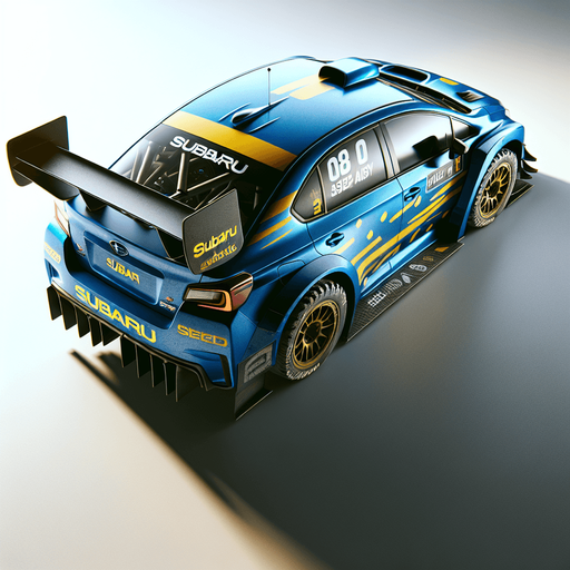 Hyperrealistic blue Subaru rally car with yellow liverys, top down view from the rear wing