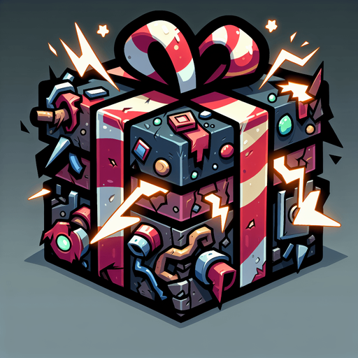 a electrified destroyed christmas present, cartoon Single Game Texture. In-Game asset. 2d. Blank background. High contrast. No shadows.