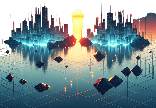🔹 Floating low-poly islands or platforms in a futuristic city.
🔹 Horizon with a sun reflecting off water for a peaceful but futuristic look.
🔹 Colors: Sunset orange, deep blue, and glowing city lights..
Single Game Texture.  In-Game asset.  2d.  Blank background.  High contrast.  No shadows