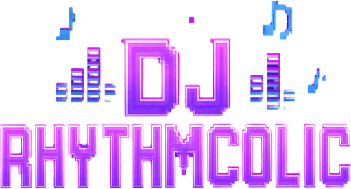 A bold and stylish pixel art logo text for the game title “DJ RHYTHMCOLIC” designed for a lo-fi rhythm pixel art game. The text is large, vibrant purple with neon glow effects, featuring a retro pixel font that looks futuristic and energetic. Behind the text, subtle pixelated neon sound waves and small music notes float gently in purple and blue hues, blending with a cozy DJ studio atmosphere. The background is transparent or very dark to highlight the glowing title. The style matches a dreamy, neon-lit nighttime vibe with pixel-perfect detail..
In-Game asset.  2d.  High contrast.  No shadows