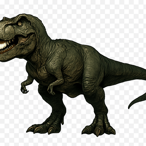 A massive Tyrannosaurus rex dinosaur depicted in a neutral standing pose on a transparent background. It has a powerful, muscular body covered in rough, dark green and brown scaly skin with visible wrinkles and scars. The head is huge with a wide mouth slightly open, showing rows of sharp teeth and piercing yellow eyes. Its short but strong arms have two clawed fingers, and the thick tail balances the bulky body. The skin texture features detailed scales and subtle shading, emphasizing its predatory strength and dominance..
In-Game asset.  2d.  High contrast.  No shadows
