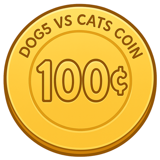 A golden shining coin with the words “dogs vs cats coin” at the top and the coin says “100¢” . No background. Transparent background. Blank background. No shadows. 2d. In-Game asset. flat