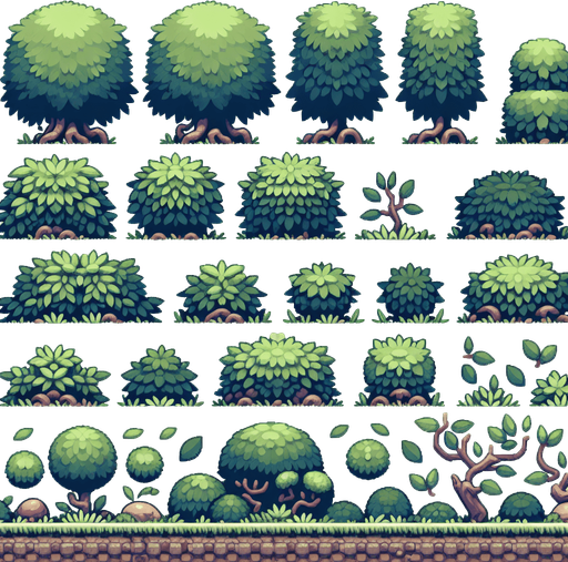 A spritesheet in sideperspective showing various low dull green hedges and bushy foliage for a platformer game. semi detailed game illustration style. medieval. muted colors..
Single Game Texture. In-Game asset. 2d. Blank background. High contrast. No shadows.