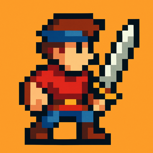 2d hero swordsman pixel sprite.
In-Game asset.  2d.  High contrast.  No shadows