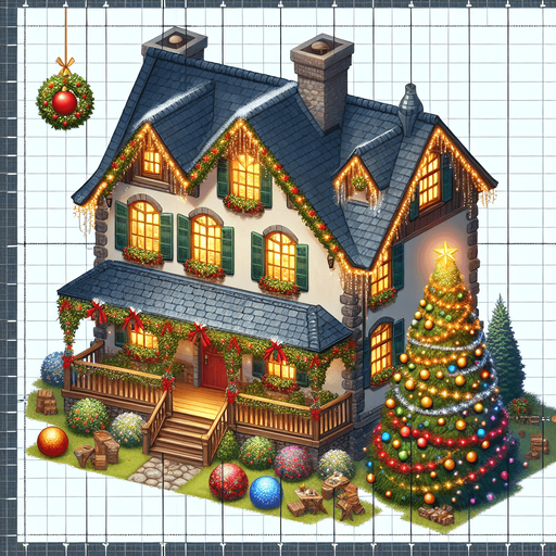 Topdown view of a very christmassy country house Single Game Texture. In-Game asset. 2d. Blank background. High contrast. No shadows.