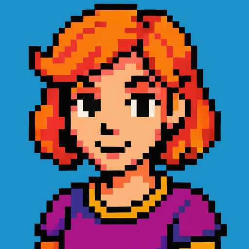 Personaje artística viendo a la cámara pixel art.
In-Game asset.  2d.  High contrast.  No shadows