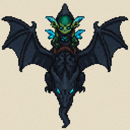 “Top-down pixel art of a goblin riding a flying  black - dark blue dragon. The dragon has wide, leathery wings fully extended, a long tail, sharp back ridges, and glowing blue eyes. It’s flying mid-air, viewed directly from above. The goblin is sitting on the dragon’s back,  blue dragon wings, holding reins or gripping a saddle, wearing dark fantasy armor with blue glowing runes. Designed as a 2D game sprite with a fantasy style, organic (non-mechanical) dragon, both characters seen from above.”.
In-Game asset.  2d.  High contrast.  No shadows