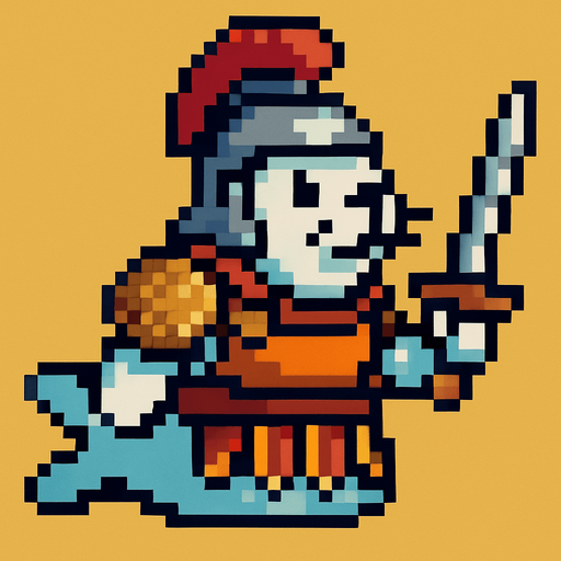 una foca de pixeles con armadura de gladiador.
In-Game asset.  2d.  High contrast.  No shadows