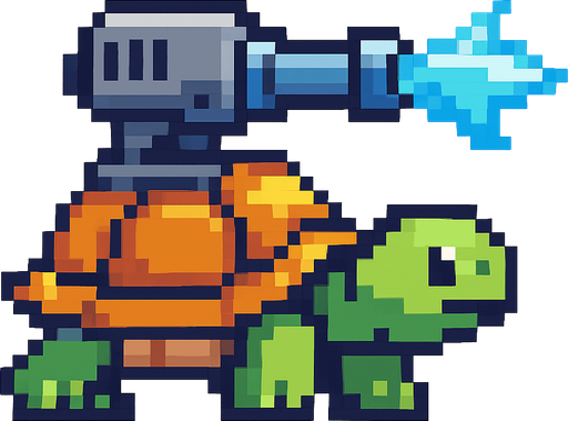 a turtle with an ice gun on her shell, pixelart.
In-Game asset.  2d.  High contrast.  No shadows
