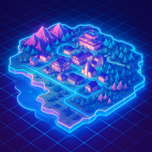 Top down isometric anime region neon map grid hologram