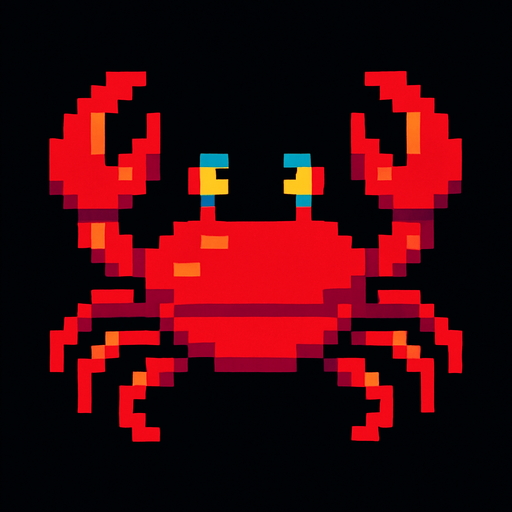 A small red crab. 80s arcade machine graphics..
In-Game asset.  2d.  High contrast.  No shadows