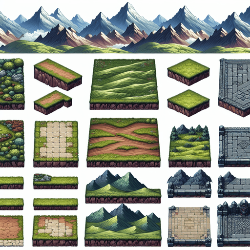 A tilesheet showing different terrains for the ground and platforms in an endless runner game. Some segments should be horizontal, while some should be going slightly uphill or downhill. Each segment should be approximately the same length, and they should have similar textures that allow them to more or less seamlessly be pieced together to form larger stretches. The tileset should only include the ground segments and not any backgrounds. Mountaineous, grassy, medieval fantasy..
Single Game Texture. In-Game asset. 2d. Blank background. High contrast. No shadows.