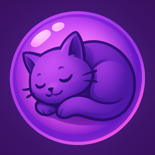 A purple bubble featuring a sleepy cat curled up inside, soft and dreamy, stylized for mobile game.
In-Game asset.  2d.  High contrast.  No shadows