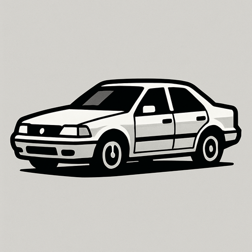 A white car.
In-Game asset.  2d.  High contrast.  No shadows