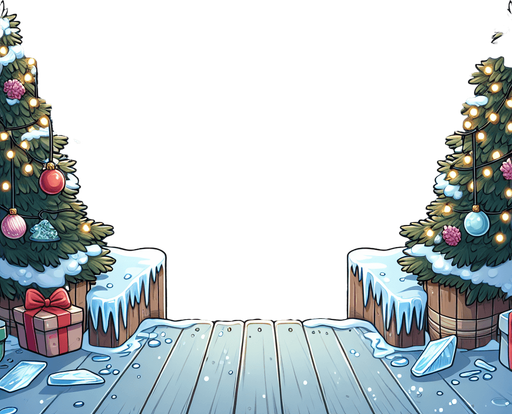 Outdoor empty frozen icy lake, Christmas decorated. View from standing at the middle of the lake looking towards shore. Cartoon. Middle of rink view.