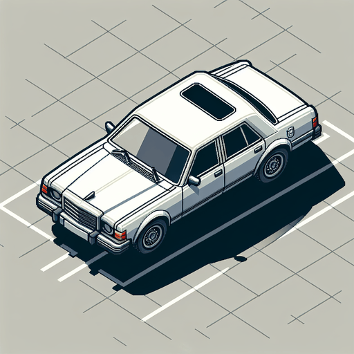 top down look on white civillian car no background vertical.
Single Game Texture.  In-Game asset.  2d.  Blank background.  High contrast.  No shadows