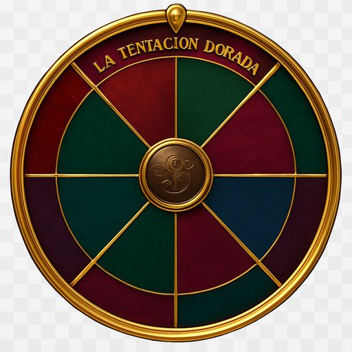 Create a visual asset for a luxury prize wheel base for 'La Tentación Dorada'.

Design:

Shape: Perfect circle.

Sections: 8 clearly divided sections, marked by elegant gold or silver lines.

Colors: Rich, deep casino tones (reds, greens, blues, purples, dark wood/gold).

Center: Decorative element (subtle logo/metallic plate).

Outer Rim: Prominent golden or silver polished rim.

Style: Luxurious, sophisticated prize wheel.

Background: Transparent (wheel only).

Objective: Elegant base for 8 prize placements..
In-Game asset.  2d.  High contrast.  No shadows