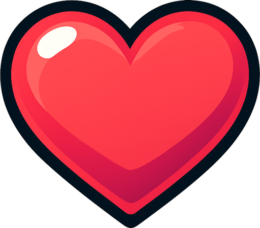 Crea un icono que represente las vidas del jugador. Debe ser un corazón estilizado y vibrante, visto directamente desde arriba, en un estilo 2D renderizado, limpio y cartoonish. El corazón debe tener contornos claros, colores vivos (principalmente rojo o rosa brillante) y un sombreado sutil que le dé volumen. Debe ser fácilmente reconocible y legible incluso a tamaño pequeño..
In-Game asset.  2d.  High contrast.  No shadows