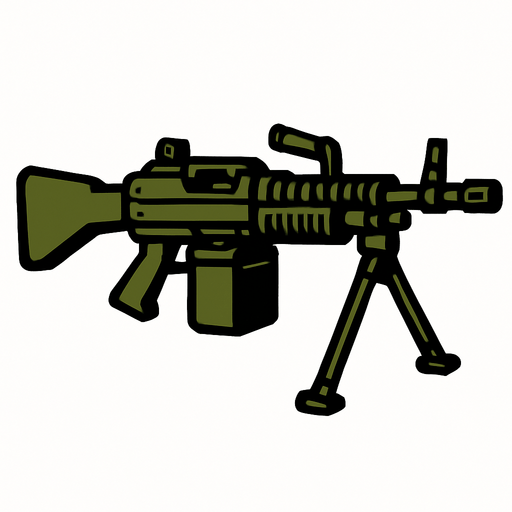 machine gun.
In-Game asset.  2d.  High contrast.  No shadows