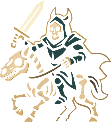 Kara şövalye iskelet atının üzerinde elinde parlak bir kılıç tutuyor.
In-Game asset.  2d.  High contrast.  No shadows