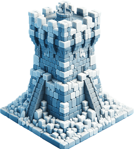 A turret tower built of ice blocks. Front view perspective. Single Game Texture. In-Game asset. 2d. Blank background. High contrast. No shadows.