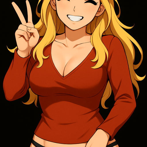 same photo but make a victory sign with her hand and smile