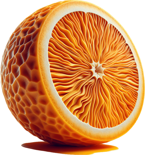 orange fruit double cut.
Single Game Texture.  In-Game asset.  2d.  Blank background.  High contrast.  No shadows