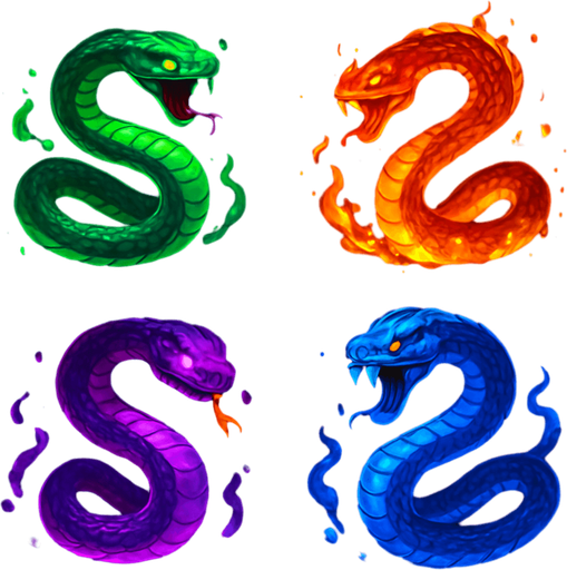 Serpent enemies assets with particles. HD colors. magical images.
In-Game asset.  2d.  High contrast.  No shadows