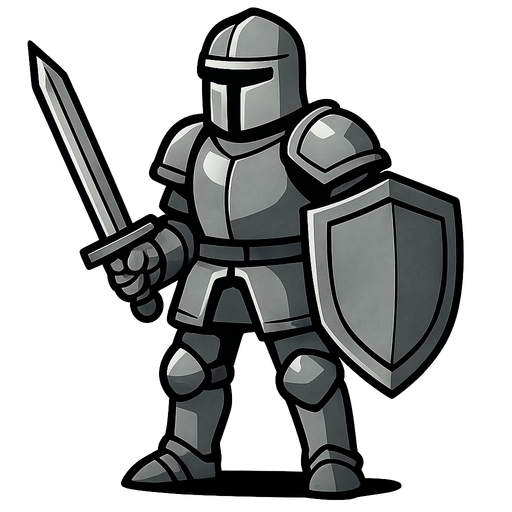 Human with Iron Armor, iron sword and iron shield.
In-Game asset.  2d.  High contrast.  No shadows