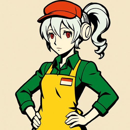 Labrys personaje de Persona 4 Arena con ropa de tendera..
In-Game asset.  2d.  High contrast.  No shadows