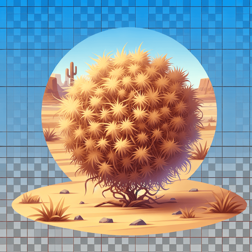 Create a desert tumble weed. The goal is to capture a lively and playful location..
Single Game Texture. In-Game asset. 2d. Blank background. High contrast. No shadows.