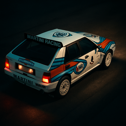 Photorealistic Lancia Delta Rallycar in nightlight, drone topview from back and 45 degrees angle in top right corner