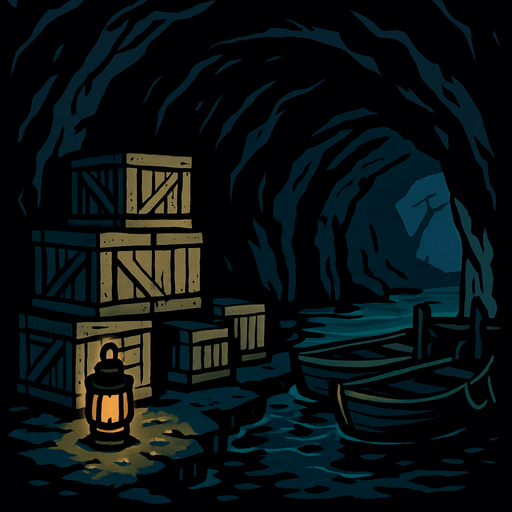 A dark sea cave used by smugglers, crates stacked on wet stone, rusty lanterns casting weak light, small boats tied to hidden docks.
In-Game asset.  2d.  High contrast.  No shadows