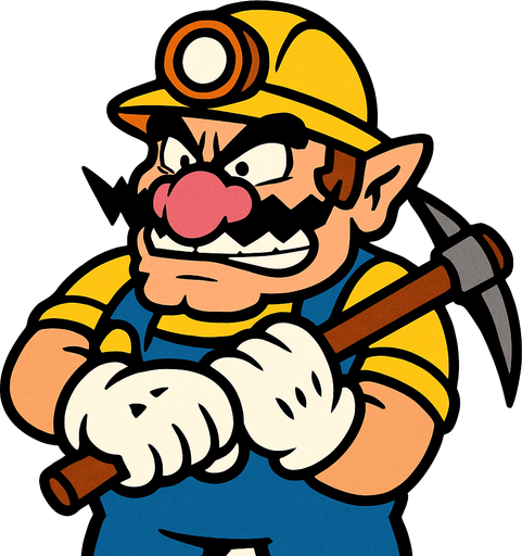 Super Mario'daki Wario karakteri ama madenci kılığında.
In-Game asset.  2d.  High contrast.  No shadows