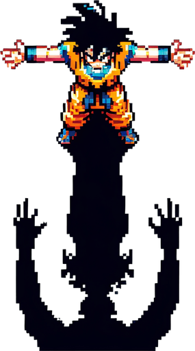 Goku arms doing kamehameha. seen from above. 8-bit. Cartoon. In game asset. No shadow Single Game Texture. In-Game asset. 2d. Blank background. High contrast. No shadows.