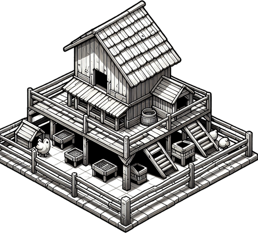 background chicken coop.
Single Game Texture. In-Game asset. 2d. Blank background. High contrast. No shadows.