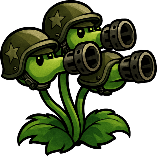 Triple lanza guisantes del videojuego plantas vs zombies fusion con cascos militares y boca de metralletas.
In-Game asset.  2d.  High contrast