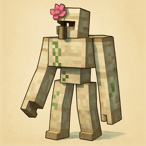 Minecraft iron golem facing left with a pink flower on his forehead. Full body.
2d. Cool.