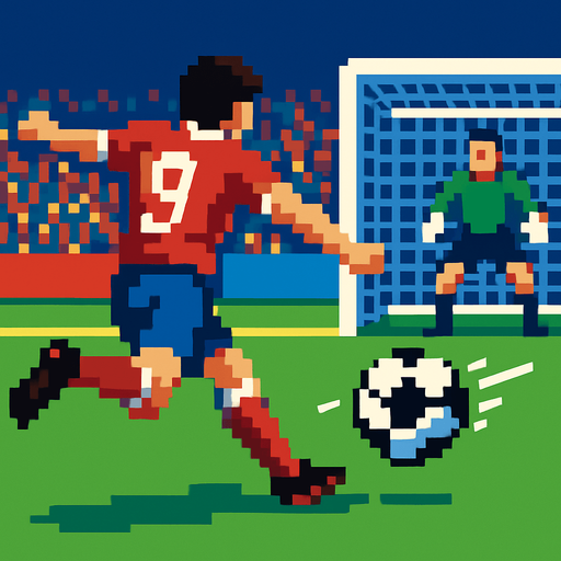 pixelart football shoot scene cinematic.
In-Game asset.  2d.  High contrast.  No shadows