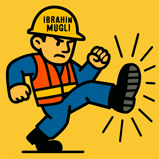 Üstünde ibrahim muğli yazan baretli işçi tekme atarken.
In-Game asset.  2d.  High contrast.  No shadows