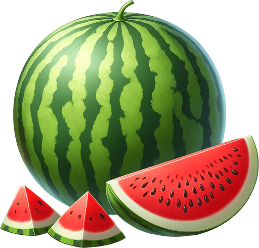 A watermelon and some pieces of watermelon.
Single Game Texture. In-Game asset. 2d. Blank background. High contrast. No shadows.