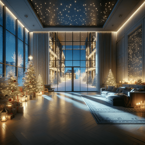Photorealistic Apartment inside at night with Christmas decorations and huge large window